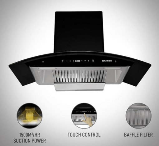 Faber 90 cm 1500 m³/hr Auto-Clean curved glass Kitchen Chimney (HOOD PRIMUS PLUS ENERGY TC SC HC BK-N 90, 2 Baffle Filters, Touch Control, Black) - Image 3